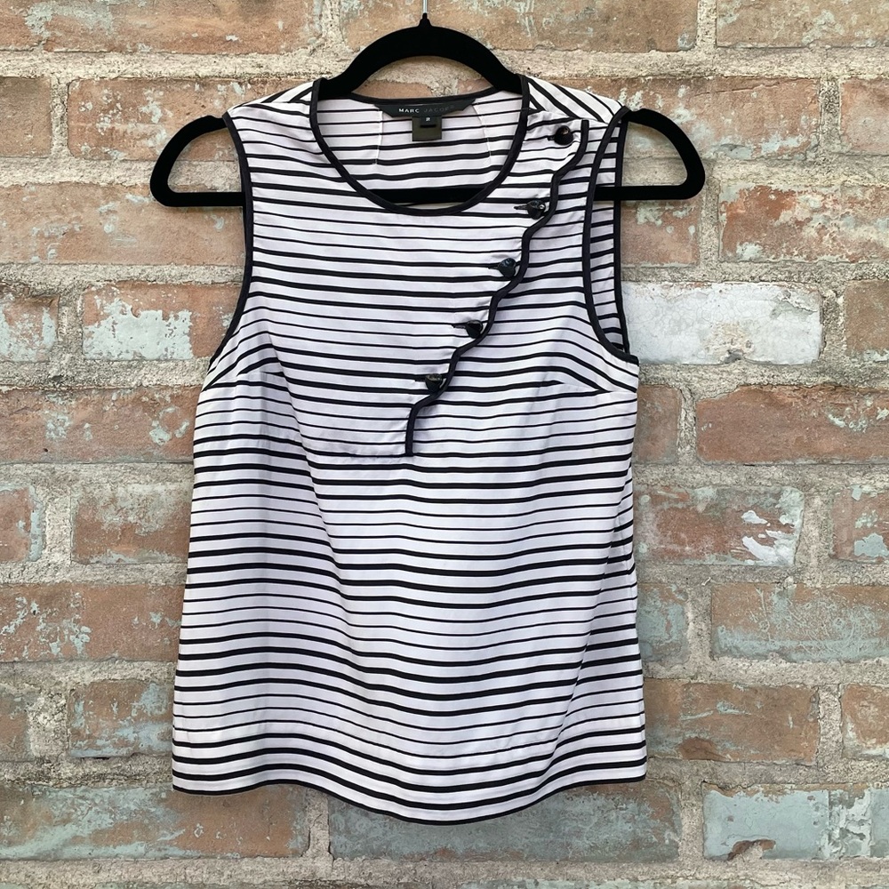 Marc Jacobs Top Silk Sleeveless Black White Stripe Heart Button Tank Blouse